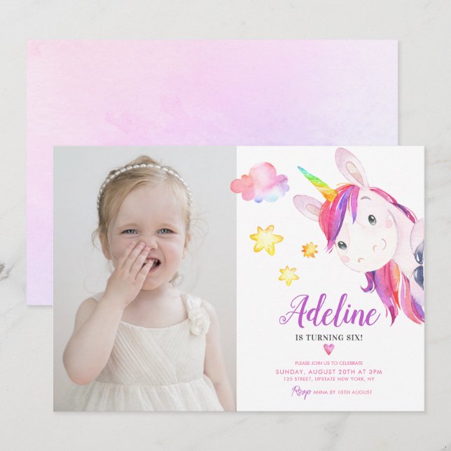 Cute Unicorn Girl Magic Birthday Rainbow Photo Inbjudningar (Fram/baksida)