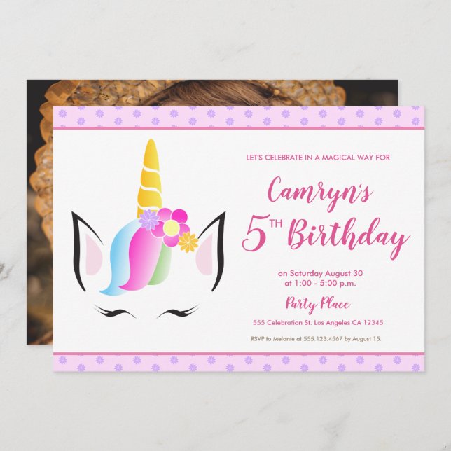 Cute Unicorn Girl's 5th födelsedagsfest Photo Inbjudningar (Fram/baksida)
