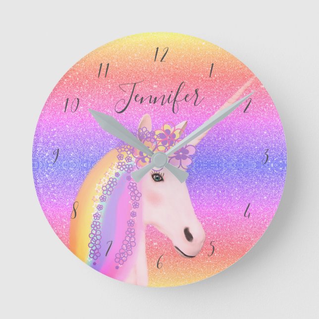 Cute Unicorn Glitter Rainbow Kids Monogram Namn Rund Klocka (Framsida)