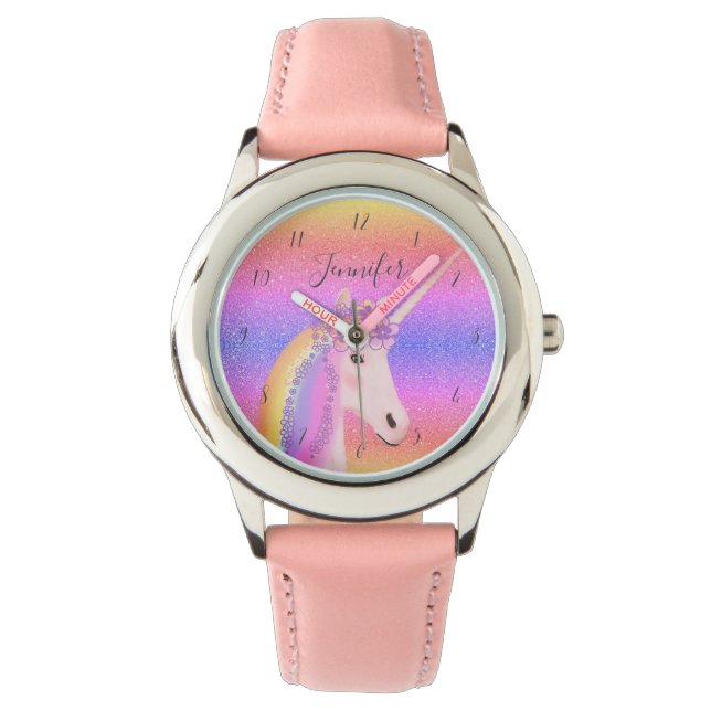 Cute Unicorn Glitter Rainbow Personlig Kids Armbandsur (Framsida)