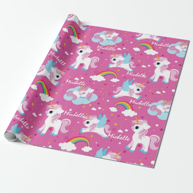 Cute Unicorn Grattis på födelsedagen rosa girly Presentpapper (Utrullad)