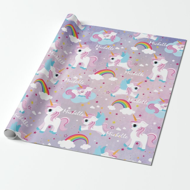 Cute Unicorn Grattis på födelsedagen rosa girly Presentpapper (Utrullad)