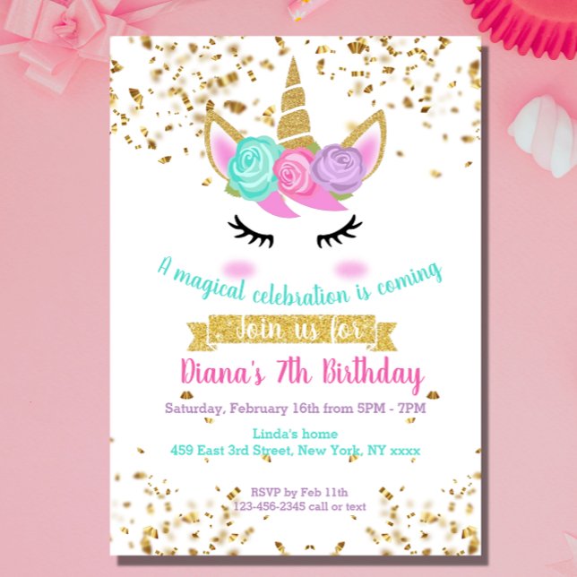 Cute Unicorn Guld Glitter Girl Magic Birthday Inbjudningar (Unicorn Girl birthday invitations made by Creative Design)