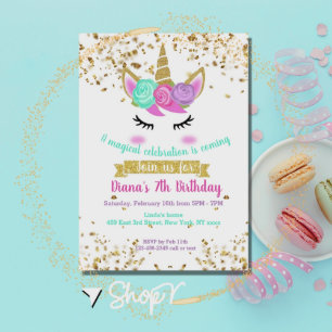 Cute Unicorn Guld Glitter Girl Magic Birthday Inbjudningar
