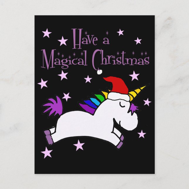 Cute Unicorn har en magisk julklapp Tecknad Vykort (Framsida)