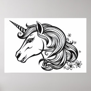 Cute Unicorn head teckning. Poster