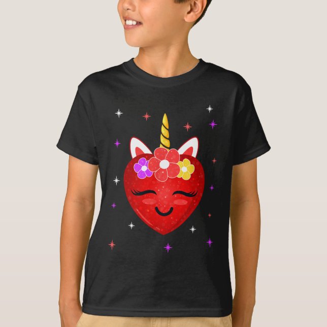 Cute Unicorn Heart Valentines day Girls Kids T Shirt (Framsida)