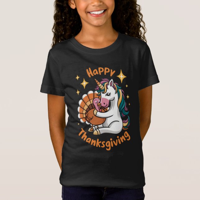 Cute Unicorn Hugs Turkey Happy thanksgiving Girls T Shirt (Framsida)