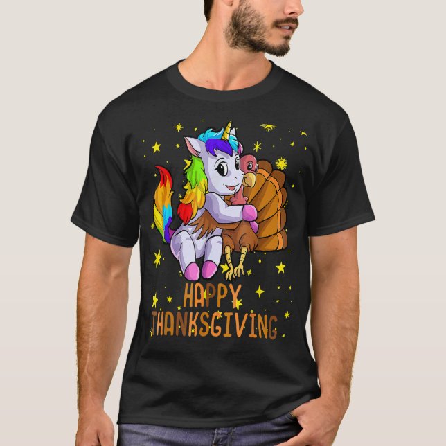 Cute Unicorn Hugs Turkey Happy thanksgiving Girls T Shirt (Framsida)