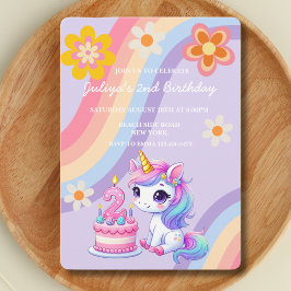 Cute Unicorn in a Retro Rainbow 2nd Birday Inbjudningar