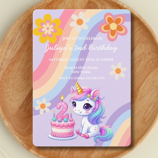 Cute Unicorn in a Retro Rainbow 2nd Birday Inbjudningar (Skapare uppladdad)