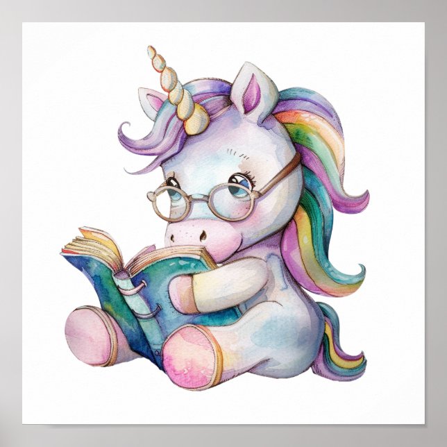Cute Unicorn in Eyeglasses Reading a Bok Poster (Framsidan)