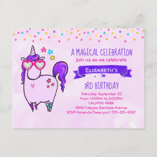 Cute Unicorn in Hjärtformade Glass Birthday Inbjudan Vykort