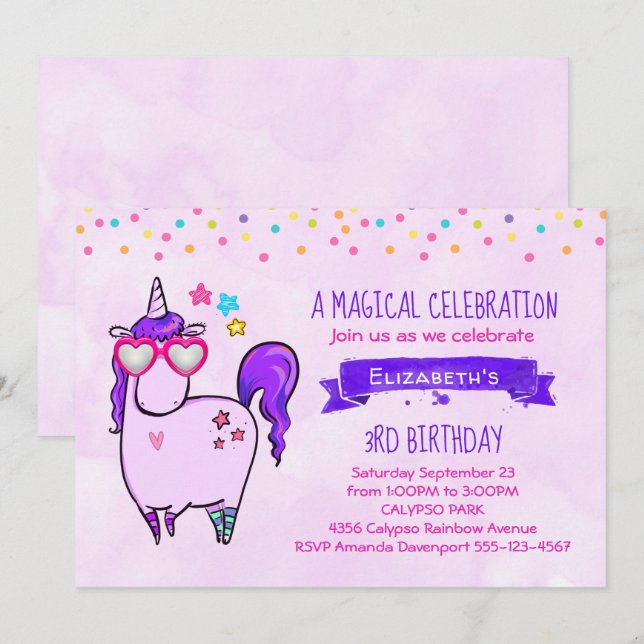 Cute Unicorn in Hjärtformade Glass Birthday Inbjudningar (Fram/baksida)