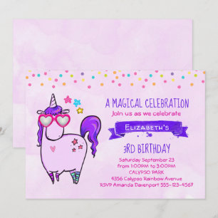 Cute Unicorn in Hjärtformade Glass Birthday Inbjudningar