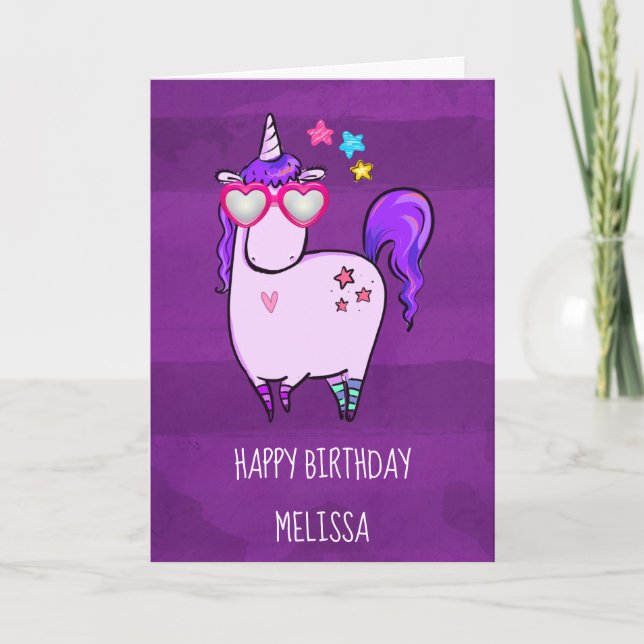 Cute Unicorn in Hjärtformade Glass Birthday Kort (Framsida)