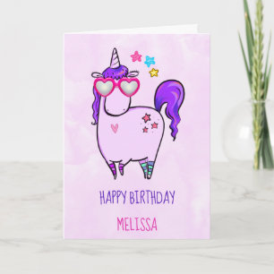 Cute Unicorn in Hjärtformade Glass Birthday Kort