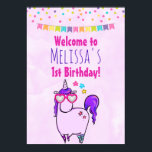 Cute Unicorn in Hjärtformade Glass Birthday Poster<br><div class="desc">Födelsedag poster med ett viskigt teckning av ett coola och funky rosa-enhörn som har en lila mane och historia. Den här söta varelsen bär hjärtformade solglasögon och dekoreras med små stjärnor. Rosa vattenfärgsbakgrund. Färgfull konfetti och en buntbanderoll över toppen.</div>