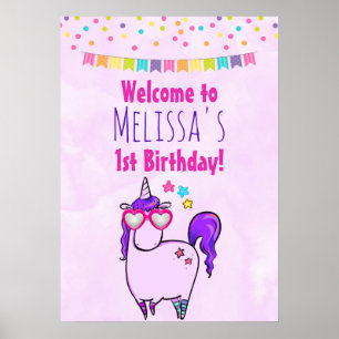 Cute Unicorn in Hjärtformade Glass Birthday Poster
