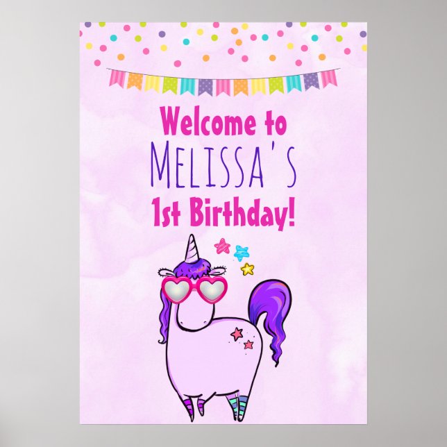 Cute Unicorn in Hjärtformade Glass Birthday Poster (Framsidan)