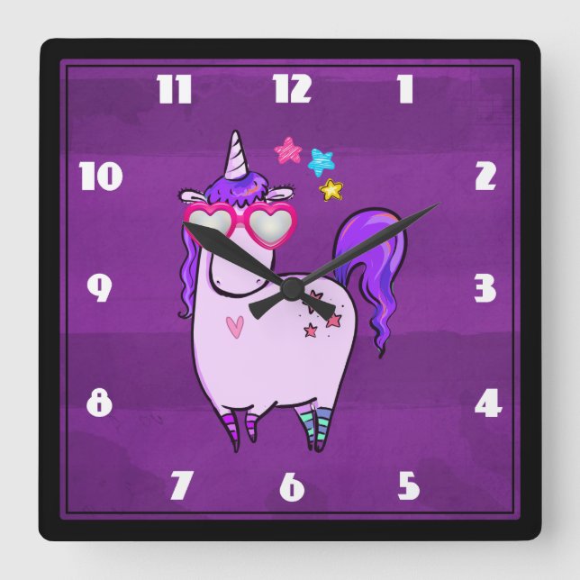 Cute Unicorn in Hjärtformade Glass Fyrkantig Klocka (Framsida)