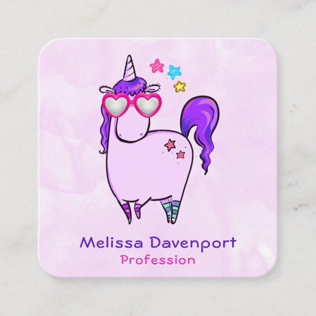 Cute Unicorn in Hjärtformade Glass Fyrkantigt Visitkort (Framsida)