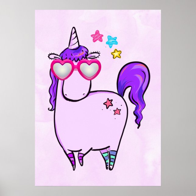 Cute Unicorn in Hjärtformade Glass Poster (Framsidan)