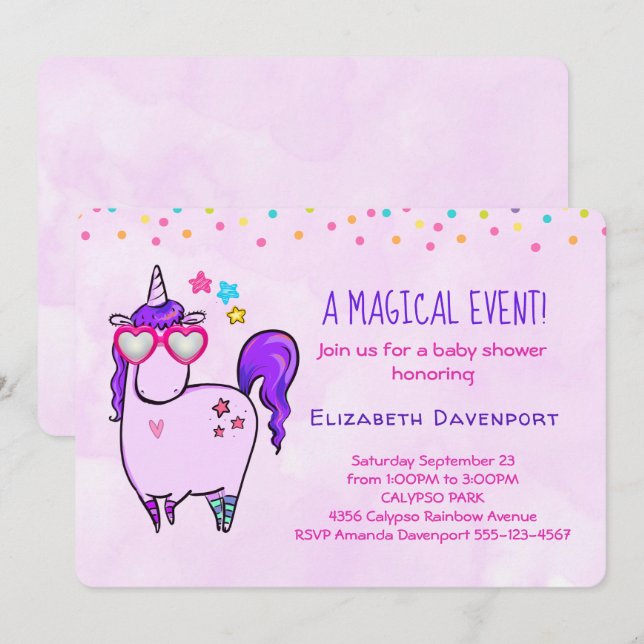 Cute Unicorn in Hjärtformade Glasses Baby Shower Inbjudningar (Fram/baksida)