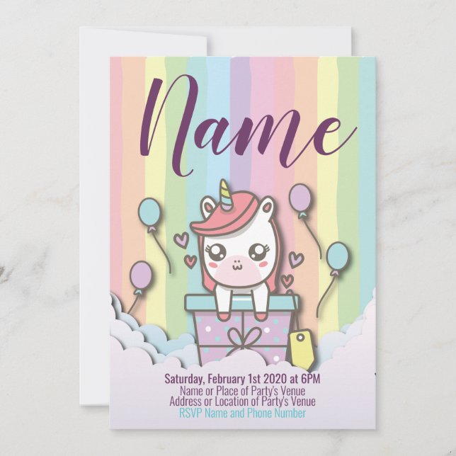 Cute Unicorn-inbjudan - mall för regnbågsfödelseda (Framsida)