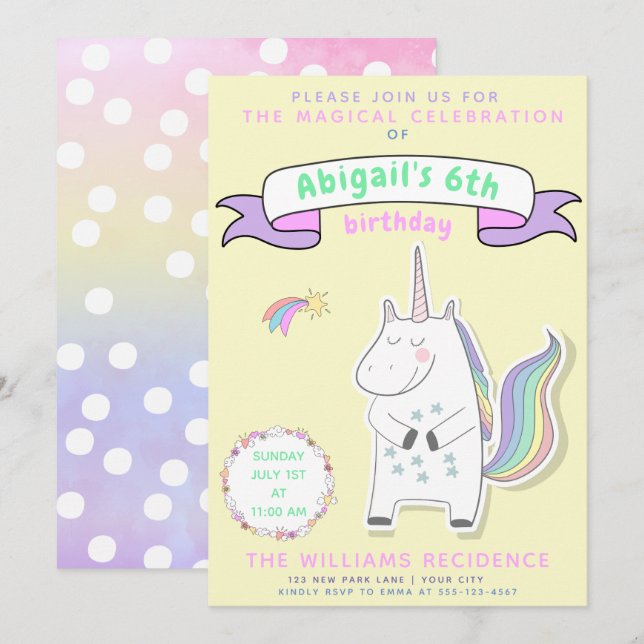 Cute Unicorn | Inbjudan till Flick kalas (Fram/baksida)