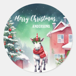 Cute Unicorn Julgran födelsedag snö party Runt Klistermärke