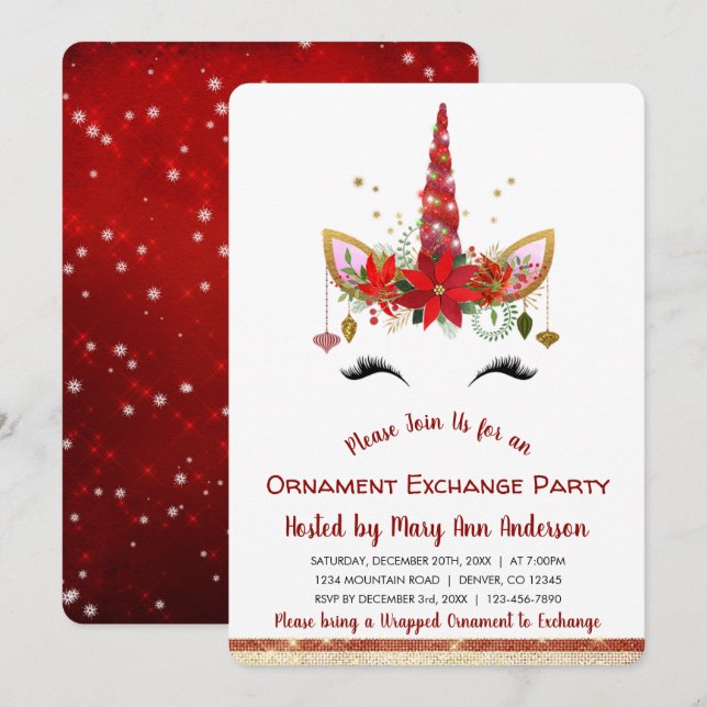 Cute Unicorn-julprydnadsväxlingen i Party Inbjudningar (Fram/baksida)