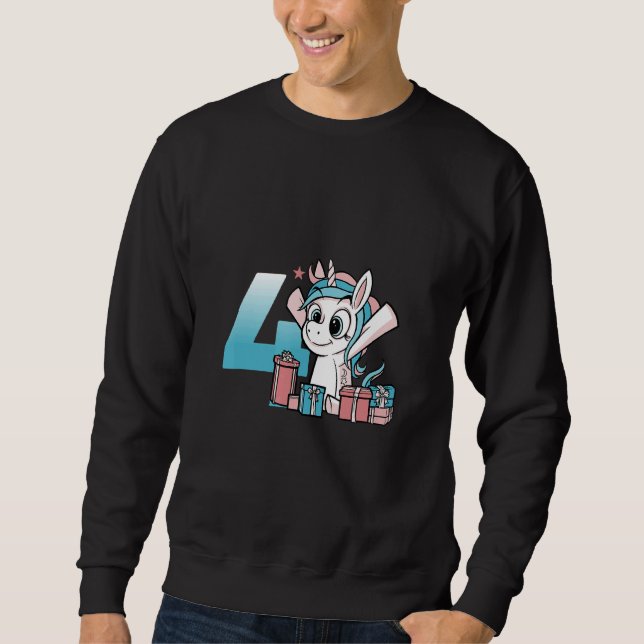 Cute Unicorn Kids Fjärde 4e födelsedagen Unicorn Lång Ärmad Tröja (Framsida)