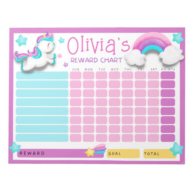 Cute Unicorn Kids Reward Chart for Daily Routine Anteckningsblock (Framsida)