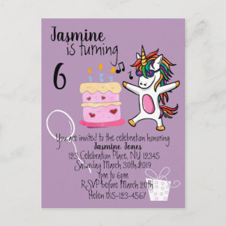 Cute Unicorn Lila Birthday Inbjudan Vykort