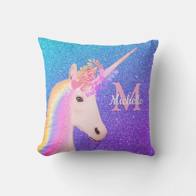 Cute Unicorn Lila Ombre Glitter Personlig Kudde (Framsida)