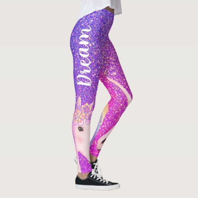 Cute Unicorn Lila Rosa Glitter Dream Womens Leggings (Höger)