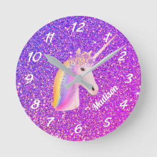Cute Unicorn Lila Rosa Glitter Personlig Rund Klocka