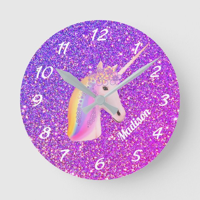 Cute Unicorn Lila Rosa Glitter Personlig Rund Klocka (Framsida)