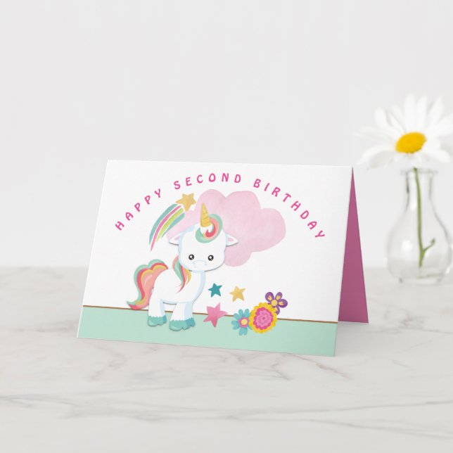 Cute Unicorn Lycklig, andra födelsedag Kort (Liten växt)