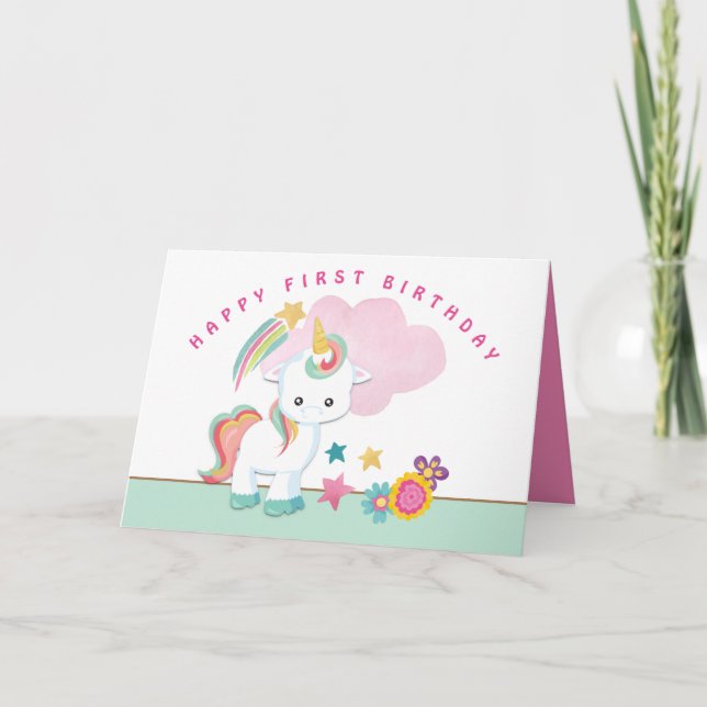Cute Unicorn Lycklig första födelsedag Kort (Framsida)