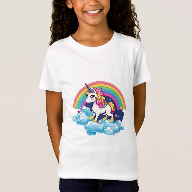 Cute Unicorn - Lycklig som flyger genom regnbåge T Shirt (Framsida)