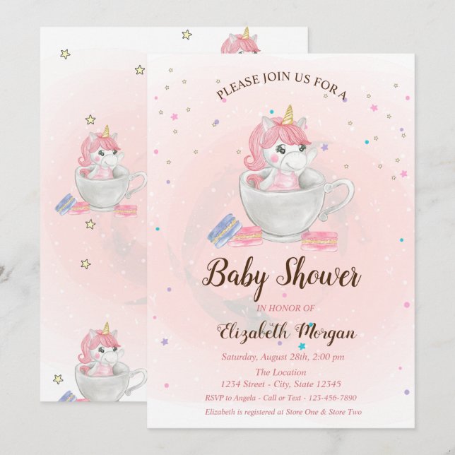 Cute Unicorn, Macaroons, Stars Baby Shower Inbjudningar (Fram/baksida)