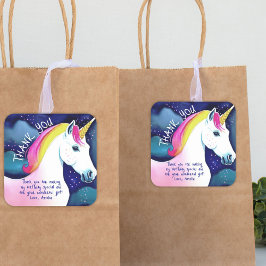 Cute Unicorn Magic Stars Girl Birthday Tack Fyrkantigt Klistermärke