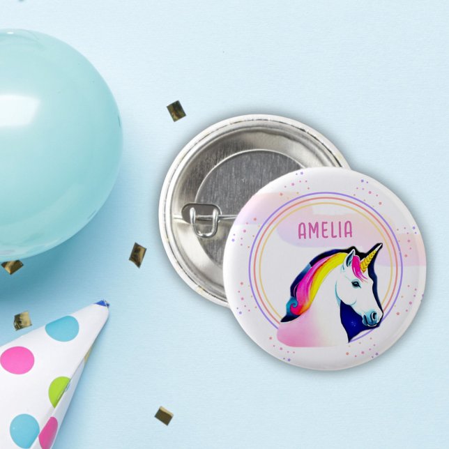 Cute Unicorn Magic Stars Girl Namn Birthday Knapp (Skapare uppladdad)