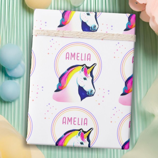 Cute Unicorn Magic Stars Girl Namn Birthday Presentpapper (Skapare uppladdad)