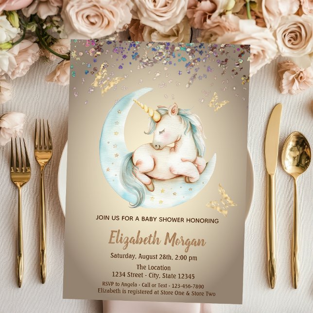Cute Unicorn Måne Butterfly Confetti Baby Shower Inbjudningar (Skapare uppladdad)