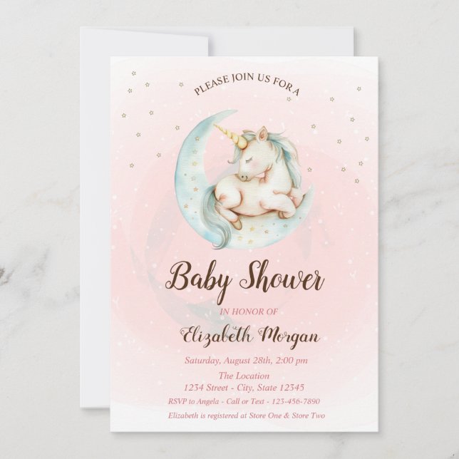 Cute Unicorn Måne Stars Baby Shower-inbjudan Inbjudningar (Framsida)