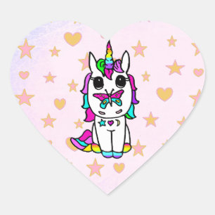 Cute Unicorn med Butterfly Stars and Hearners Hjärtformat Klistermärke