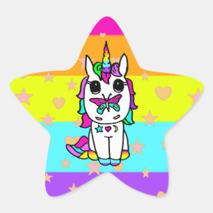 Cute Unicorn med Butterfly Stars and Hearners Stjärnformat Klistermärke